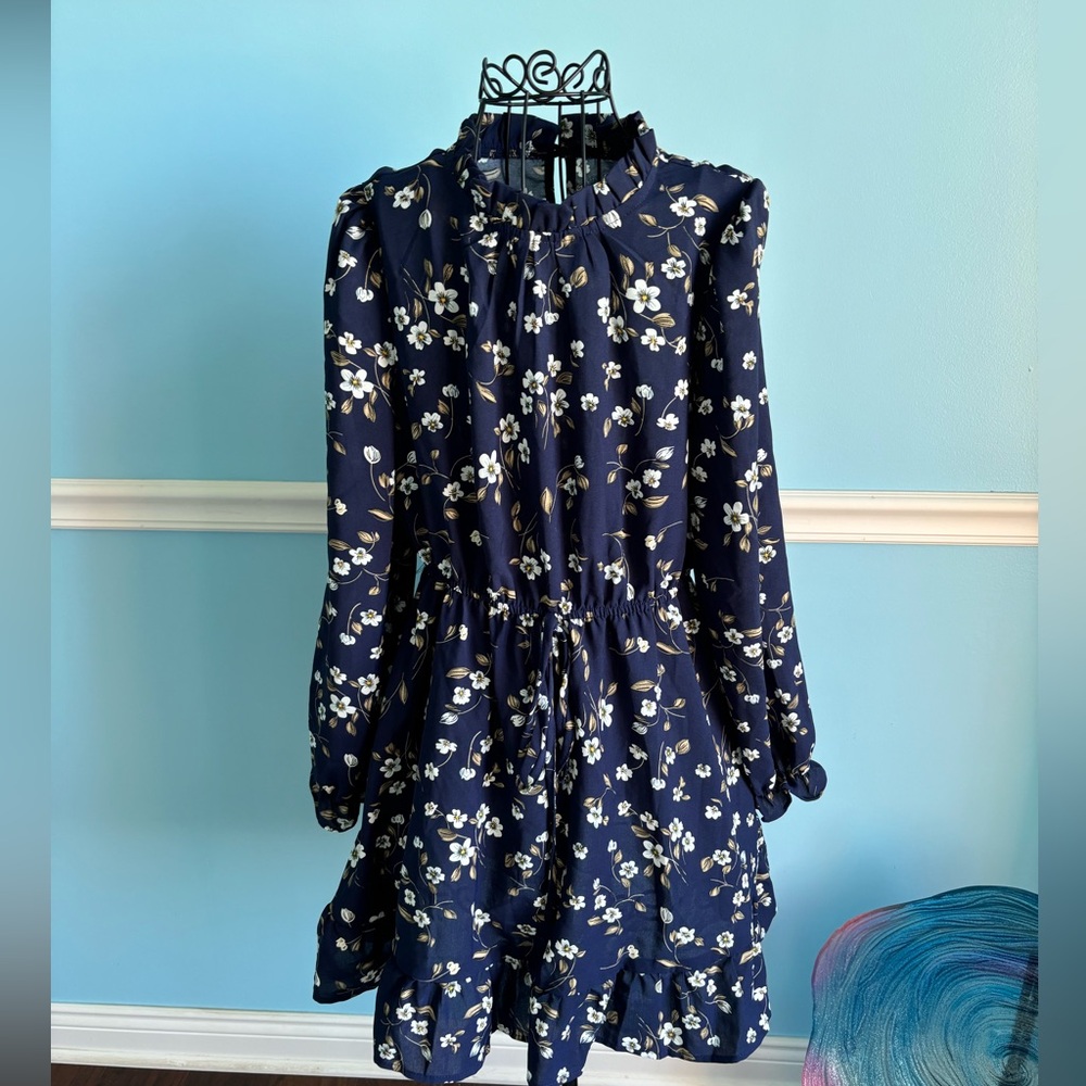 Navy long sleeve dress with floral pattern